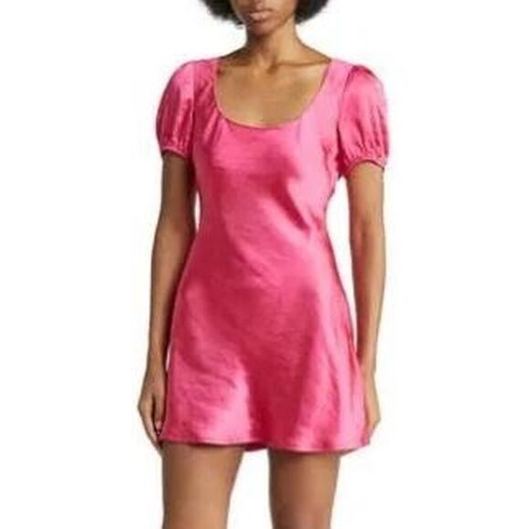 Lush Fuschia Satin Puff Sleeve Mini Dress Y2K Style Barbie Pink Size Medium - Picture 1 of 8